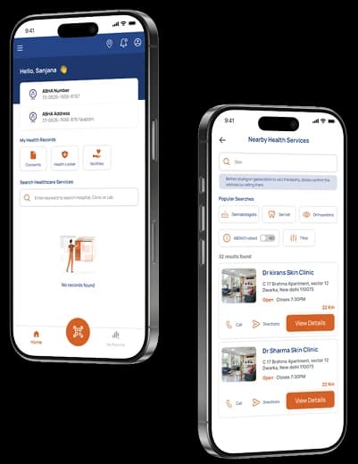 ABHA App home screen showing navigation and health dashboard